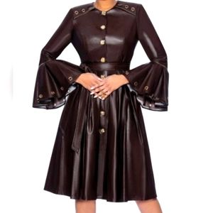 Terramina, Chocolate Brown, Faux Leather,  A Line Midi Dress 8